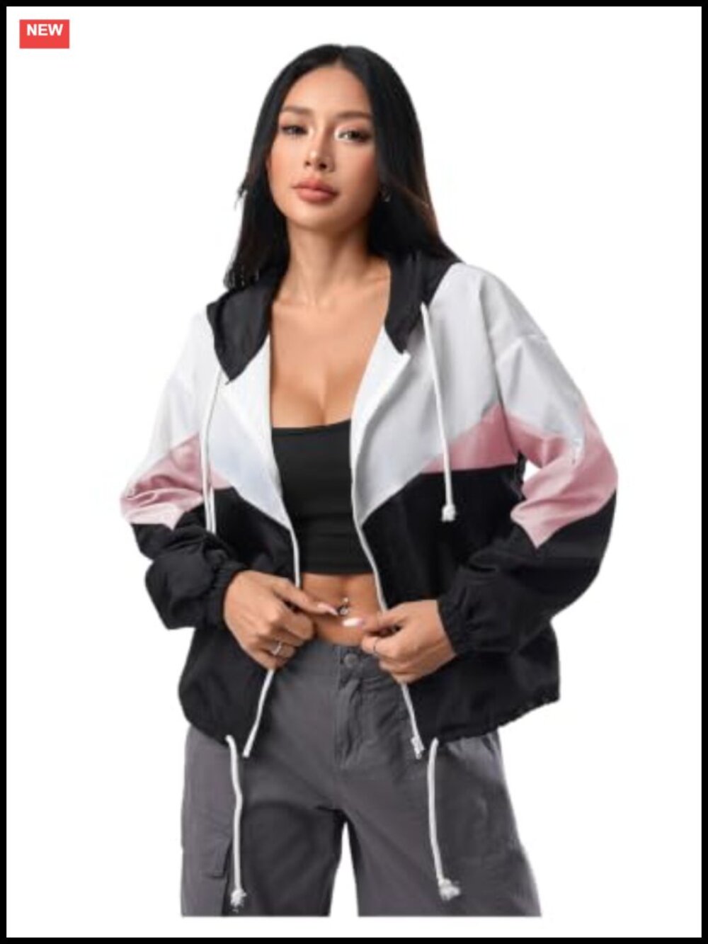 Women's Color Block Hooded Casual Thin Windbreaker Jacket Long Sleeve
